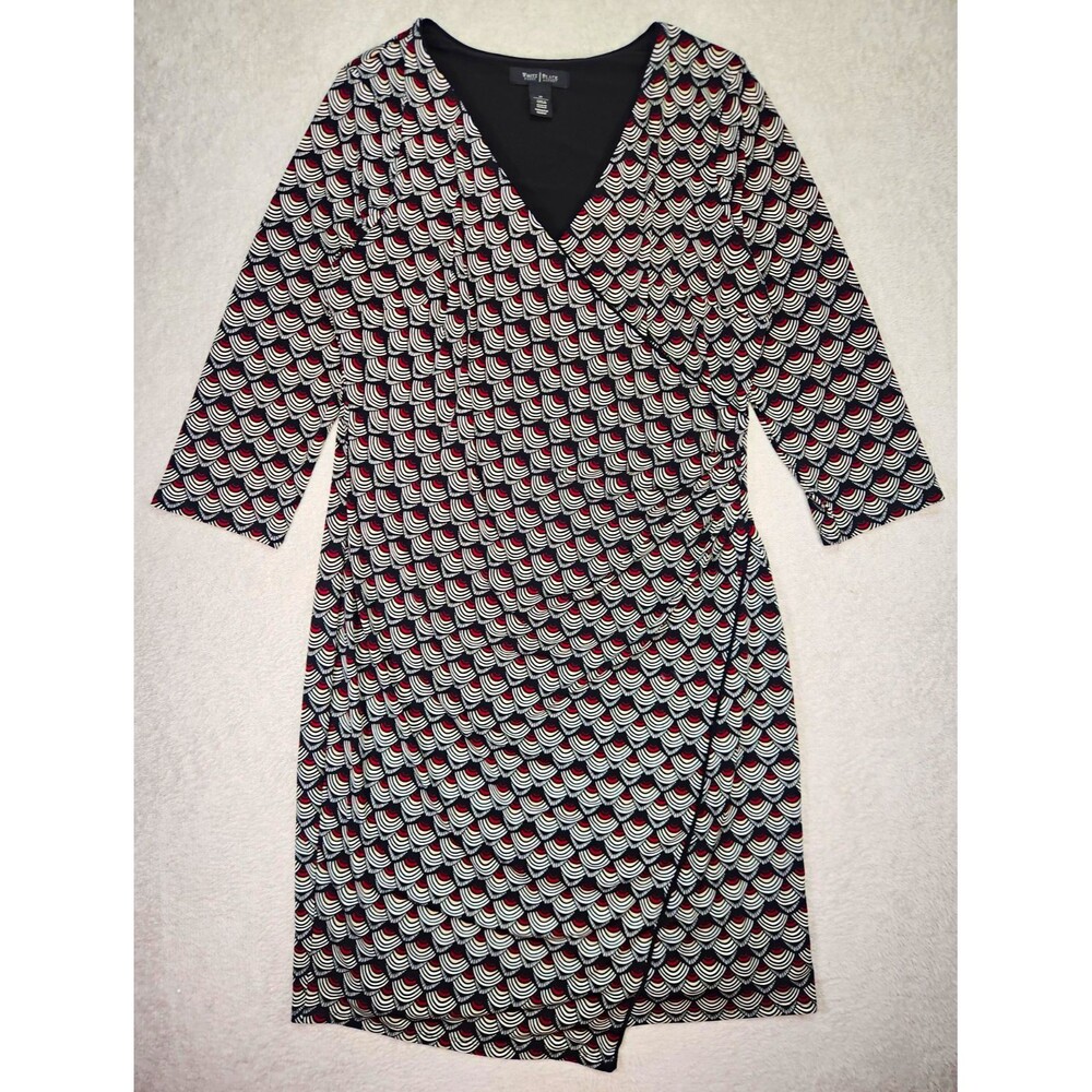 WHBM Faux Wrap Dress Women's size 14 Knee Length 3/4 Sleeves V Neck Ruched
